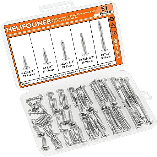 #12 x 3/4" 1" 1-1/4" 1-1/2" 2" Wood Screws Set, HELIFOUNER 51 Pieces Phillips Pan Head Self-Tapping Screws Assortment Kit, Phillips Pan Head Wood Screws, 304 Stainless Steel - size: #12