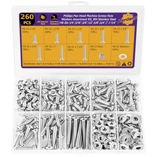 260Pcs #8-32 Machine Screws Kit,1/4"–1-1/4",304 SS,Nuts & Washers - size: #8-32（1/4" to 1-1/4" ）