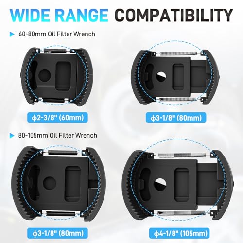 2PCS Universal Adjustable Oil Filter Wrench 60-80 mm & 80-105 mm, Oil Filter Removal Tool with Auto-Clamp Spring, 1/2" Drive Cap Wrench Set with Non-Slip Jaws, Fits Small to Heavy Duty Spin-on Filters - size: 60-80 mm & 80-105 mm (2 Pieces)