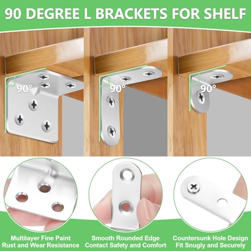 MAPVOLUT 25Pcs Silver L Brackets for Shelves, 3 Sizes Angle Corner Braces Metal L Bracket Heavy Duty for Wood, Sturdy and Rustproof for Repairing Furniture with 82Pcs Screws Mounting Bracket Easily - size: 3 SIZE Silver