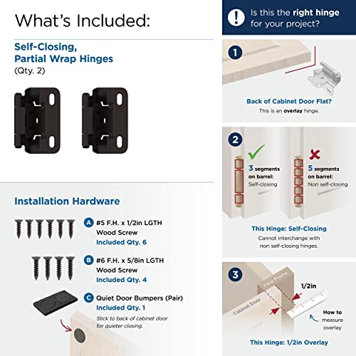 Amerock 1 Pair 1/2" Overlay Oil-Rubbed Bronze Partial Wrap Cabinet Hinge - color: Oil Rubbed Bronze, size: 1/2 Inch (13 mm) Overlay