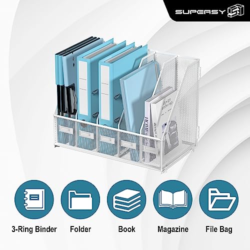 SUPEASY Desk Organizers Metal Desk Magazine File Holder with 5 Vertical Compartments Rack File Organizer for Office Desktop, Classroom, Home Workspace, White Plus - color: White, size: Large