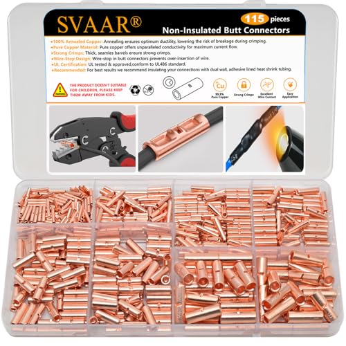 SVAAR 115 PCS 26-8 AWG Non-Insulated Butt Connectors Crimp Repair Butt Splices Kit, Uninsulated Butt Splice Connectors for 26 to 8 Gauge Wire, Heavy Duty Pure Copper Seamless Barrel Butt Terminals - color: Non-Insulated Splice - Bare Copper