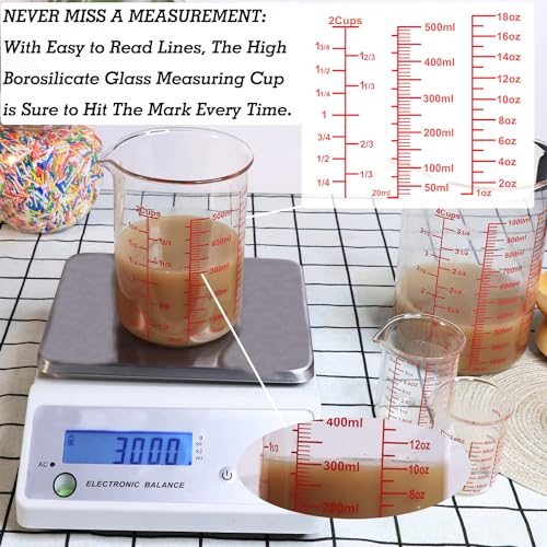 3 Piece Glass Measuring Cup Set, Includes 2-Cup, 4-Cup, and 8-Cup High Borosilicate Glasss Liquid Measuring Cups, Dishwasher, Freezer, Microwave, and Preheated Oven Safe, Essential Kitchen Tools - size: 2Cup/4Cup/8Cup