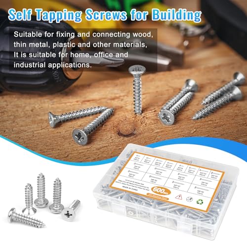 600PCS M3 M4 M5 M6 Stainless Steel Wood Screws Assortment Kit, 16 Sizes Round & Flat Head Metal Screws Self Tapping Screws Set for Wood Deck Drywall Concrete Screws, Length 6mm to 50mm - style: Silver Round & Flat Head 600PCS