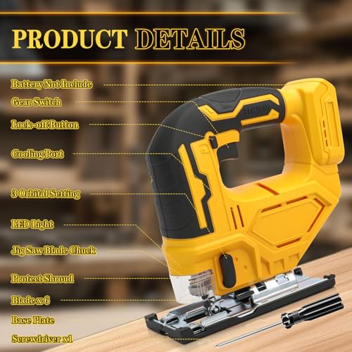 Cordless Jig Saw for Dewalt 20v Max Battery(Tool Only), Electric Jigsaw Cut Off Tool 400W 2700RPM 45° Beveled Cutting 3 Orbital Setting with 6 Blades for Straight/Curve/Circle Cutting (for Dewalt) - style: for Dewalt