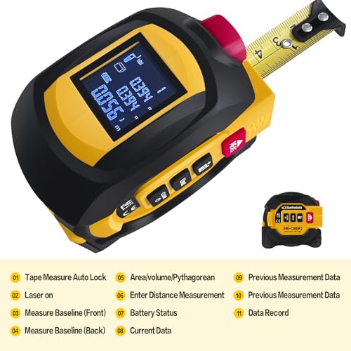 Laser Tape Measure 3 in 1 with Laser Level Crosshairs |196ft/60m LCD - color: Yellow