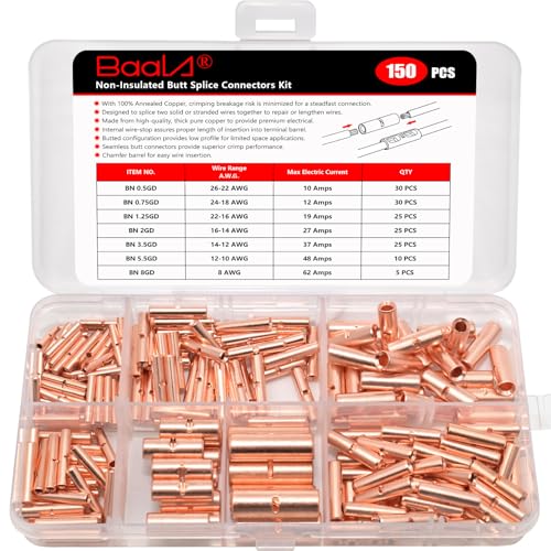 BAALA 150 PCS Non Insulated Butt Connectors Kit Pure Copper, 26-8 Gauge Butt Splice Connector Wire Connectors, Seamless Barrel Crimping Butt Terminals - color: Bare Copper