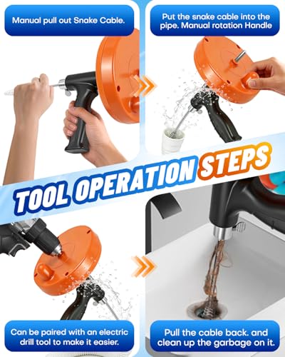 Drain Auger, 25FT Drain Snake with Drill Adapter, Flexible Plumbing Snake Clog Removal Tool with Gloves & Cloth Bag, Use Manually or Powered for Kitchen Bathroom Shower Sink - color: Orange 3