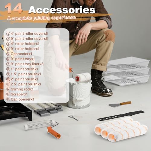 LAANPOLE Paint Roller Kit, 27 Piece Paint Supplies, 9"4" Paint Rollers, 1-4FT Extension Pole, Paint Brushes for Walls, Microfiber Roller Covers for Professional Painting, Orange