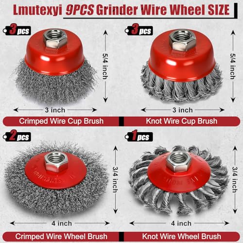 9Pcs Wire Wheel for Angle Grinder, 4 & 3In Knotted/Crimped
