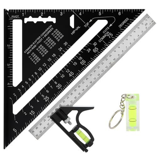 Rafter Square and Combination Square Tool Set, Including 7inch Carpenter-Square Wood Working Tool and Accessories, 12inch Square-Ruler(Color:Black)