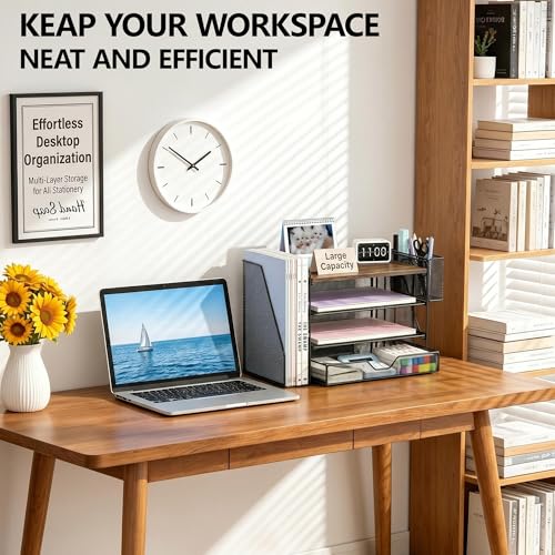 OPNICE Desk Organizers and Accessories, 4-Tier Desktop File Organizer with Drawer and Pen Holders, Office Desk Accessories Workspace Organizers for Office Supplies (Brown) - color: Brown, size: 4T