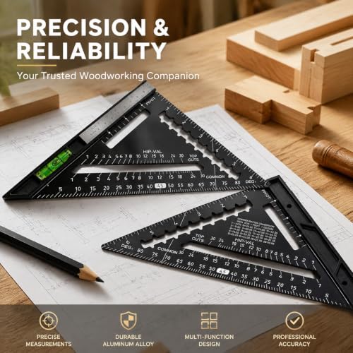 7 Inch Rafter Square with Level – Aluminum Alloy Carpenter Triangle Ruler, Woodworking Layout Tool with Detachable Stainless Steel Ruler & Anti-Glare Matte Finish for Framing, Marking & Measuring