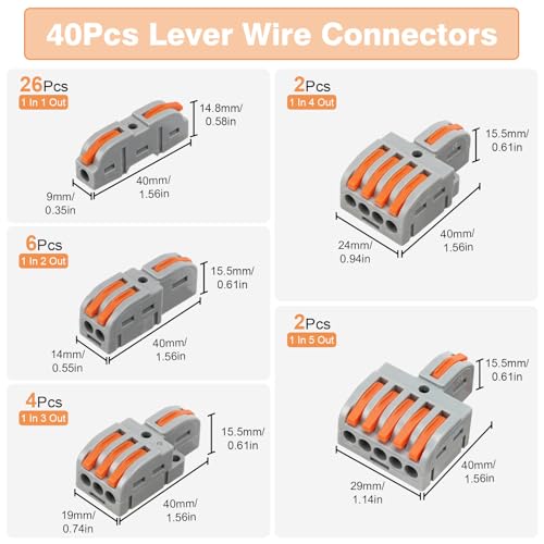 Linkstyle 40Pcs Lever Wire Connectors, Compact Splicing Kit Mini Quick Electrical Push in Connectors for Circuit Inline 24-12 AWG, DIY Wiring Assortment 1 in 1/2/3/4/5 Out