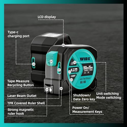 WIDX 2 in 1 Laser Tape Measure,164ft Laser Measurement & 16ft Tape Measure