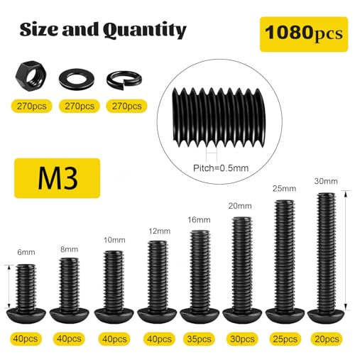 1080PCS M3 Button Screws Assortment Kit, M3x6/8/10/12/16/20/25/30 mm - size: M3 1080pcs