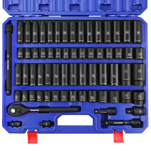 WORKPRO 1/2” Drive Impact Socket Set, 65PCS SAE(3/8”-1-1/4”) and Metric(10-24mm) Deep & Shallow Kit, Ratchet Handle, Extension Bar, Impact Universal Joint and Adapters for Automotive Repair - size: 65 PCS, Metric&SAE