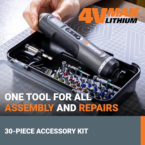 WORX Cordless Screwdriver, 4V 30-Piece Accessory Kit, WX242L - color: Black/Silver, size: 9.53"L*4.92"W*2.44"H