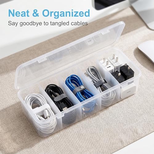 3 Pcs Charger Organizer, Clear Plastic Cord Organizer with Lid, Office Desk Drawer Organizer Box for Chargers, Adapters & Desk Electronics Accessories (15-Compartment)
