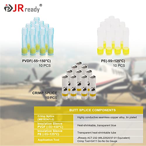 JRready ST6385-12-10 Yellow Heat-Shrink Crimp Butt Splice 16-12 AWG (M81824/1-3 Equivalent), Solderless Connector with Alternative Temp. Heat Shrinkable PVDF(-55~150°C) and PE(-55~125°C) Tube - color: 12#Yellow-10Sets