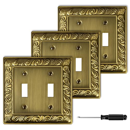 3-Pack Antique Brass Decorative Double Toggle Light Switch Cover Plate - size: 2 Gang Double Toggle