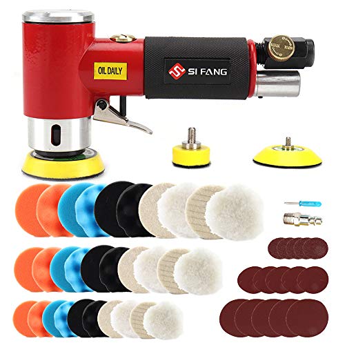 SI FANG 48Pcs 1'' 2'' 3'' Mini Air Sander Kit, High Speed Random Orbital DA Sander Polisher for Auto Body Work, Includes 1/2/3in Polishing Sponge & Wool Pads Sandpapers (Red Pneumatic Sander) - style: 1"2"3" Buffer&Sander Kit Red