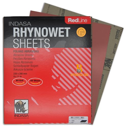 INDASA Rhynowet Red Line Wet Dry Sanding Sheets 9 x 11 Inch 80 Grit Waterproof Latex Backing Abrasive Paper for Wood Metal Automotive Surface Prep Pack of 50 - size: 80-Grit 9"x11"