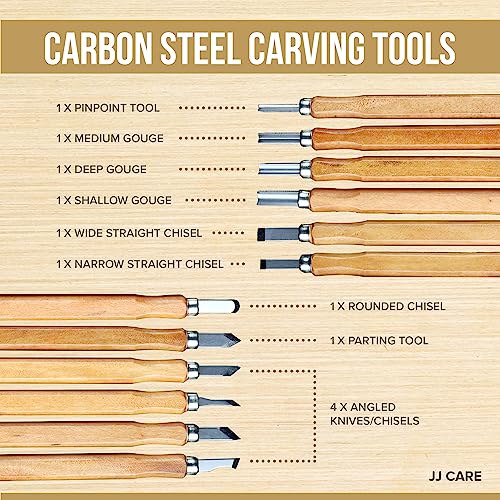 JJ CARE Wood Carving Kit, 24pcs Wood Whittling Kit with 12 SK2 Steel Carving Knives, 10 Basswood Blocks, 1 Grinding Stone & Storage Case, Gift Set for Beginners & Adults - size: Set A