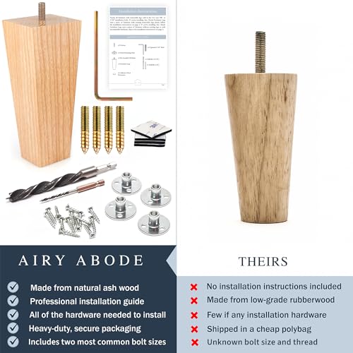 Airy Abode Premium Ash Wood Square Furniture Legs (Full Install Kit) - Pick Your Size and Color - color: Natural Ash Wood, size: 5 Inches