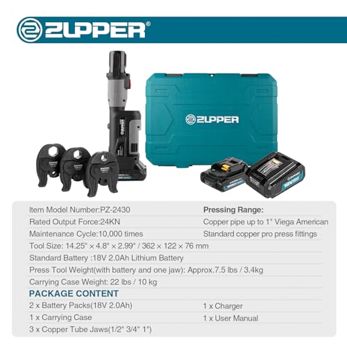 ZUPPER Compact Press Tool Kit for 1/2", 3/4", 1" Copper Pipes - style: PZ-2430 (kit with 3 VUS Copper Press Jaws 1/2", 3/4", 1")