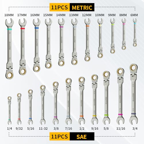 GRENPRO 23PC Flex Head Ratcheting Wrench Set Metric&SAE OpenEnd Combination - style: 23PCS Nickel Flex-Head Ratcheting Wrench Set