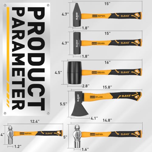ELEAD 6-Piece Mallet Hammer Set, Fiberglass Handle Forge Steel Head, 32oz Rubber Mallet & Ball Peen Hammers, 16oz Ball Peen Hammer, 3LB Sledge & Cross Peen Hammers, 600g Wood Split Axe