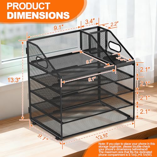 DocNest 5 Tier Metal Mesh Desk File Organizer with Phone Shelf, Black - color: Black, size: 12.6" x 9.1" x 13.3"