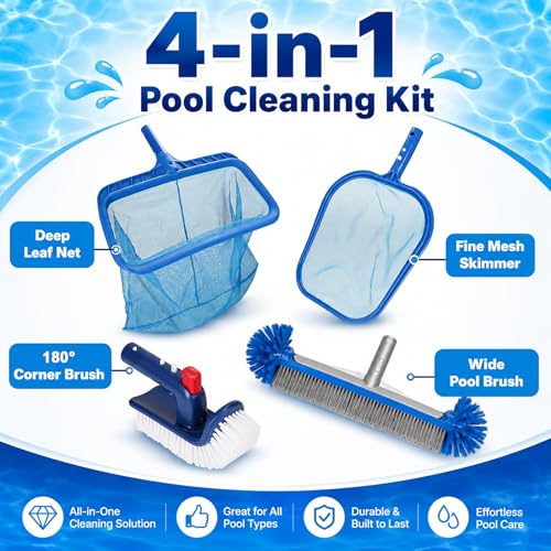 4pcs Pool Cleaning Kit Heavy Duty Skimmer, Rake, Brushes (No Pole)
