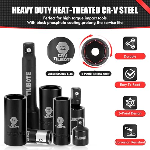 TILIBOTE 3/8“ Impact Socket Set, 74-Piece Drive 6-Point Deep Socket Wrench Set with 72-Tooth Ratchet, Standard SAE 5/16” - 7/8" & Metric 8mm - 22mm, Set for Home Use and Automotive Repair. - size: 3/8"