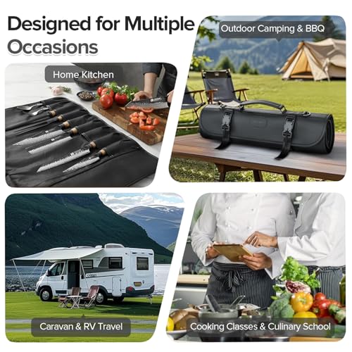 XINZUO 9-Slot Leather Chef Knife Roll Bag with Strap - color: All-black microfiber knife roll