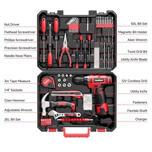 PULITUO 149-Piece Home Drill Set with Red 12V Cordless Drill, Hand Tools & Tool Box, Tool Kit for Women & Men and DIY Enthusiasts, for Home Improvement - style: 12V Set(Red)