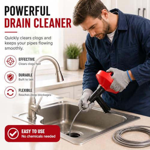 Drain Snake Auger, 33 FT Plumbing Snake Drain Hair Clog Removal Tool, Heavy Duty Snake Auger, Sink Unclogger Drain Cleaner Tool for Bathroom Kitchen Tub Shower Drain Clog Remover with Gloves, Red
