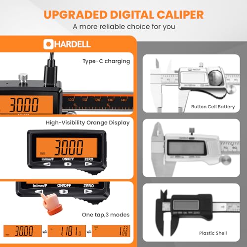 HARDELL Digital Caliper 8" USB-C Charging – Orange Display, Non-Backlit - size: 8 Inch