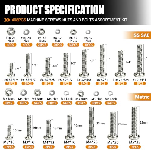 mankk 408PCS Machine Screws Assortment Kit, SAE & Metric Nuts Bolts - size: SS #6/#8/#10&M3/M4/M5, style: Phillips Pan Head
