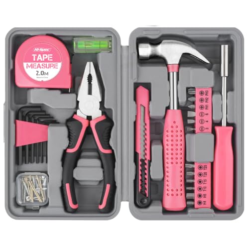 Hi-Spec Tool Set 25pc Pink Household DIY Tool Kit for Women. Small Mini Tool Box Set of Starter Basic Ladies Tools - color: Pale Pink