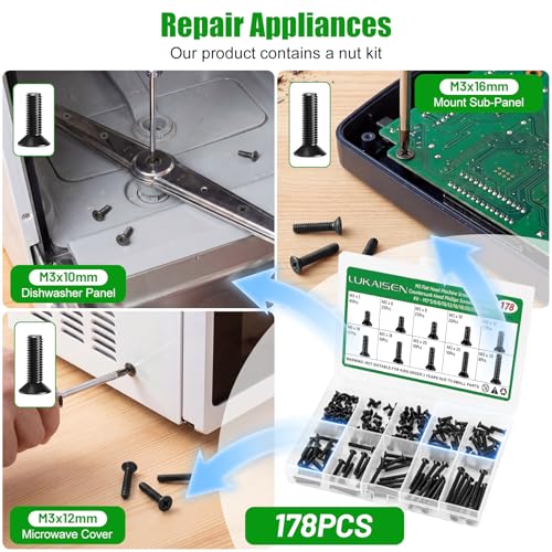 178 Pcs Black M3 Flat Head Machine Screws Kit for Laptop & RC | M3 x 5/6/8/10/12/16/18/20/25/30mm, Carbon Steel Black Metric Screws, for 3D Printer & Wall Socket Outlets, Storage Box - size: 178Pcs M3*5/6/8/10/12/16/18/20/25/30mm-Flat