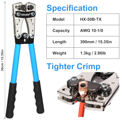 Solsop Battery Cable Crimper Tool for AWG 10, 8, 6, 4, 2, 1/0 Gauge