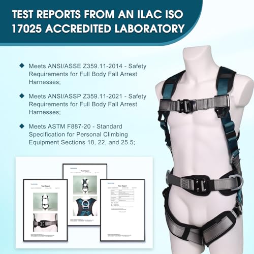 Fall Protection Premium Safety Harness with Shock Absorbing Lanyard, Vented & Padded Shoulder, Legs & Back - Upgrade 4 Quick Buckles (Dark Green) - color: Dark Green