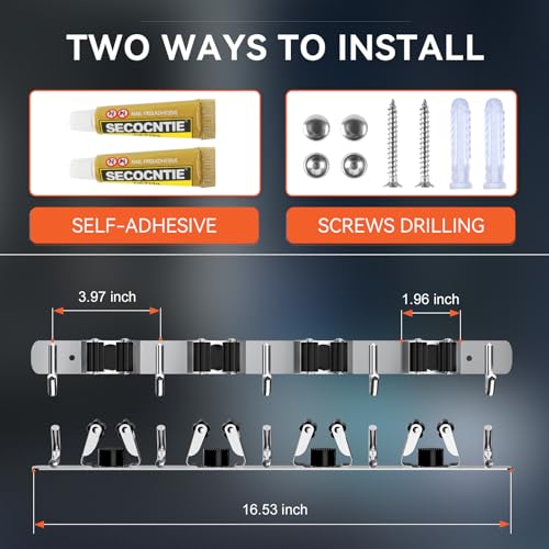 ZONGOOL 2 Pack Mop Broom Holder Wall Mount 4 Racks 5 Hooks Storage Silver - color: Silver, size: 2Pack 4R5H