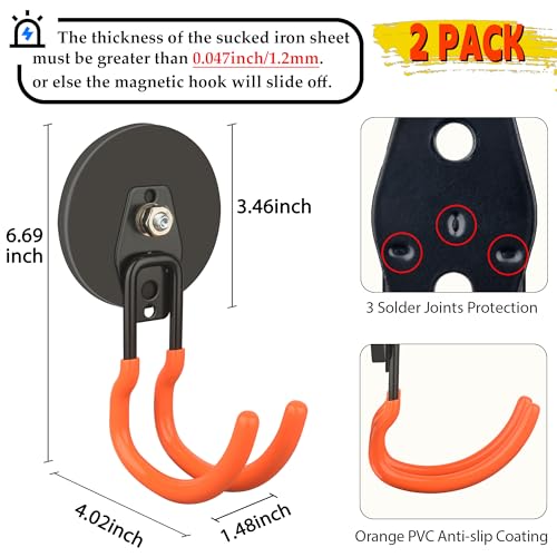 ULIBERMAGNET New Upgraded Ultra-Strong Magnetic Hooks,2 Pack Heavy Duty Ultimate Magnetic Hooks with 40LB Hold for Extension Cord, Hose, Rope, D-Handle Tools, Garden Tools (Orange/3.46inch) - style: Upgraded Orange Large Gaint Strong Hooks