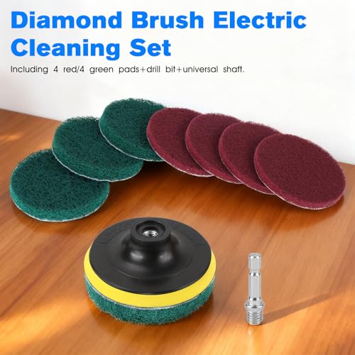4" Drill Brush Scouring Pads Set, 4Red 4Green + Attachment & Shaft for Tile