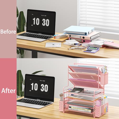 Simple Trending 7 Tier Desk File Organizer, Letter Tray Paper Organizer with Pen Holder and Metal Hanging Basket, Pink - color: 7 Tier Pink