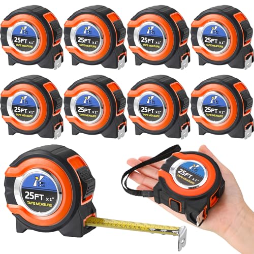Youyole 10 Pack Tape Measure with Fractions 1/8 Steel Measuring Tape Retractable Easy Read Measurement Ruler Steel Power Blade (25 ft X 1 in,Orange) - color: Orange